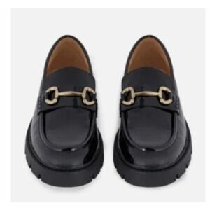 Primark Rita Ora Black Patent Chunky Loafers Gold Horsebit Womens Size 8 NWT $28